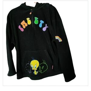 Y2K Looney Tunes Tweety Fleece 1/4 Zip Pullover Hoodie Embroidered